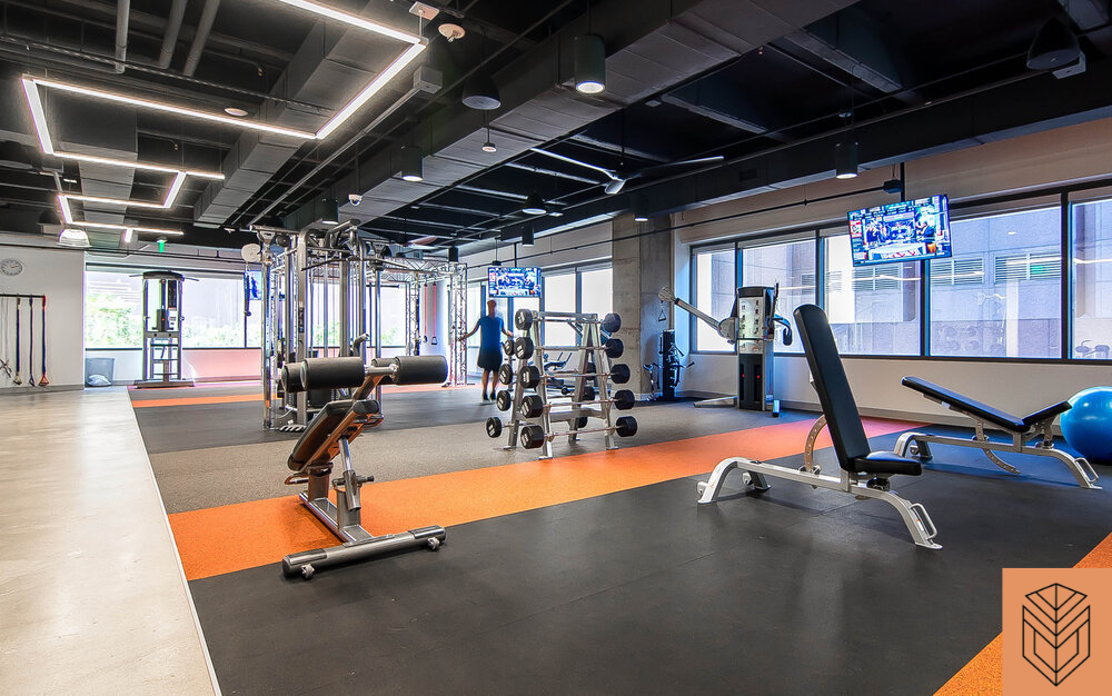 Interior view of a gym with multiple benches and cable machines. The space is well-lit, with a clean, modern design. The benches are arranged in a neat row, and the cable machines are strategically placed, offering a variety of strength training options. Fitness equipment is visible throughout the space, with a focus on functionality and comfort.
